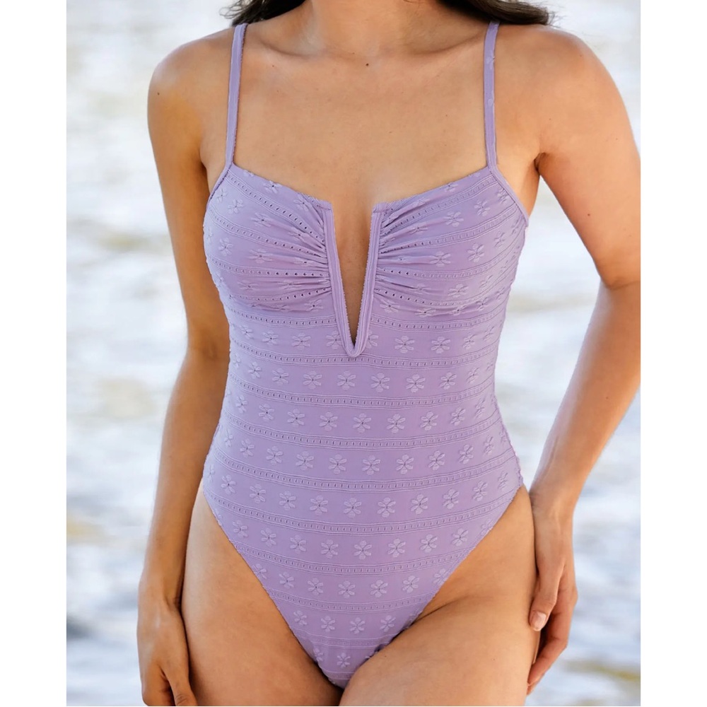 NWT Cupshe Purple Daisy Eyelet Plunge 1-Piece Swimsuit Small Beach Coquette